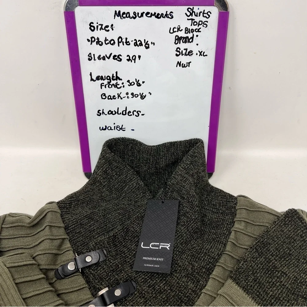 LCR Black Edition Olive Green Shawl Collar Hardware Detail Sweater Size XL NWT
